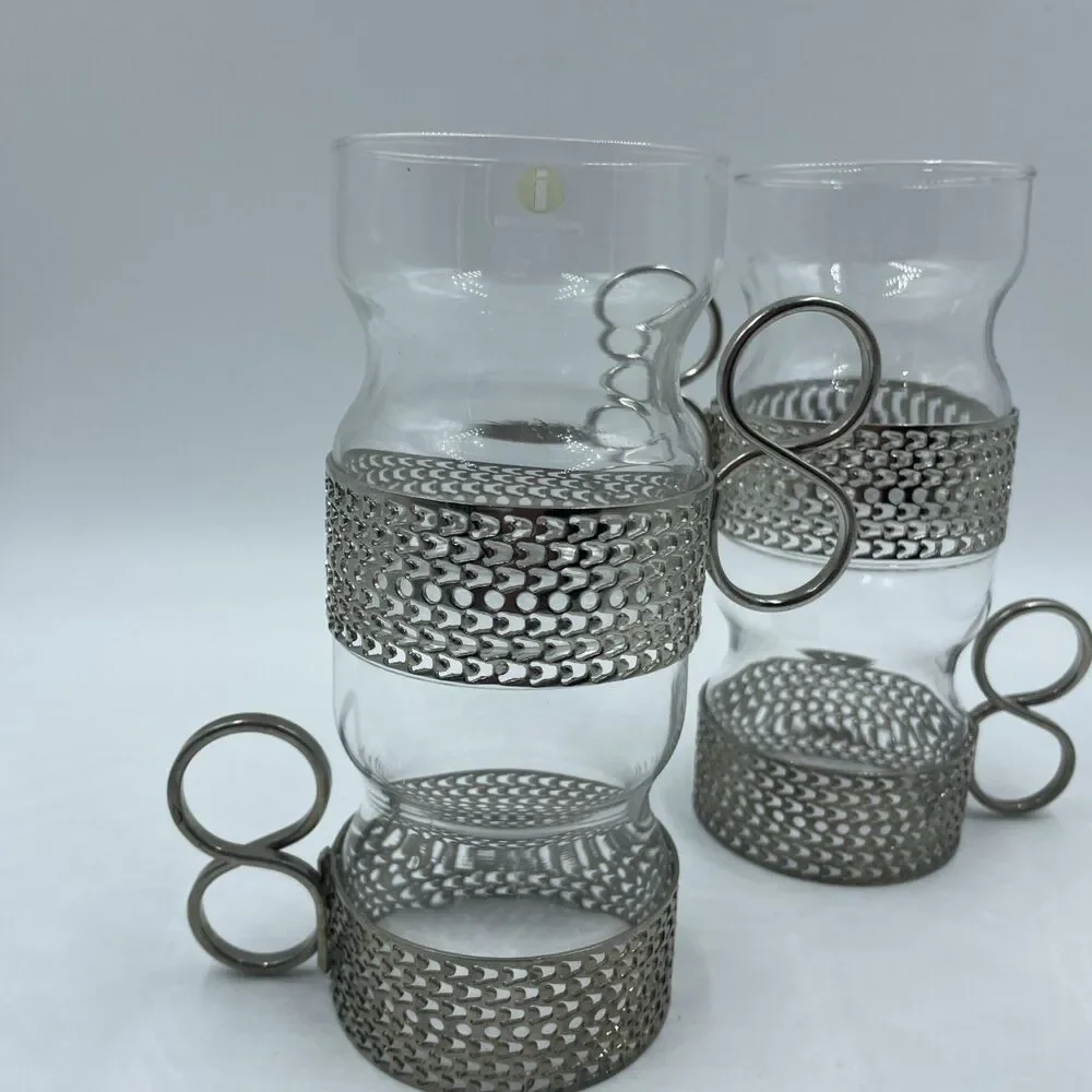 Set of FOUR Iittala Finland Tsaikka Glass w/ Metal Holder ~ Timo Sarpaneva
